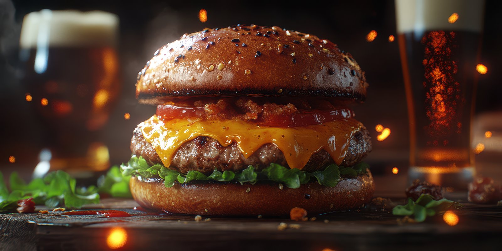 Juicy cheeseburger with fresh toppings served with cold beverages at a cozy evening gathering
